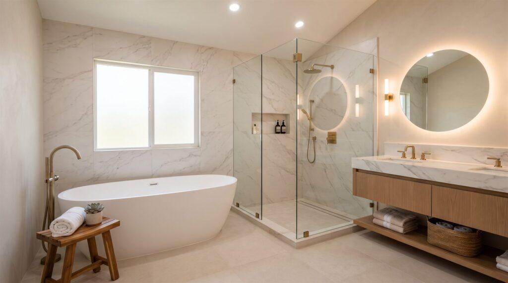 Remodeled spa bathroom with freestanding tub and frameless glass shower