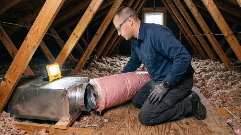Installer connecting insulated ductwork to a supply plenum in an attic