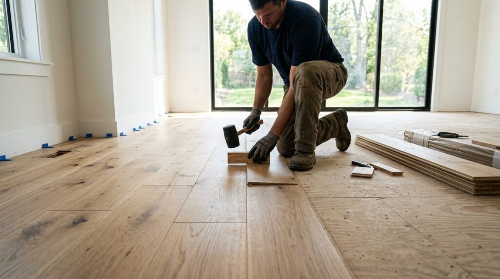 Installer laying wide-plank white oak flooring in a living room