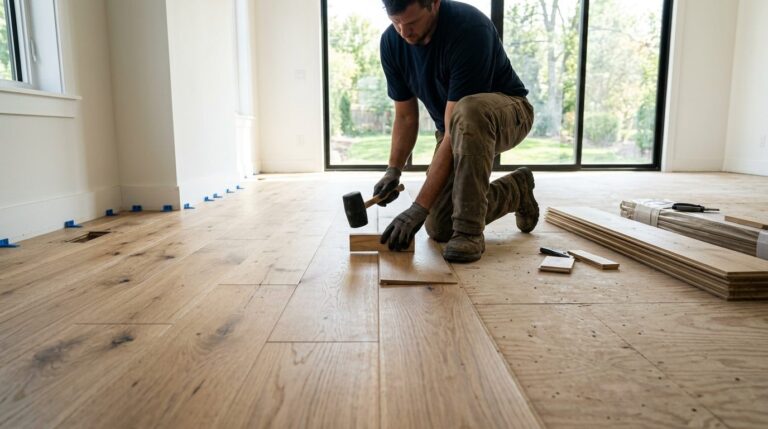 Installer laying wide-plank white oak flooring in a living room