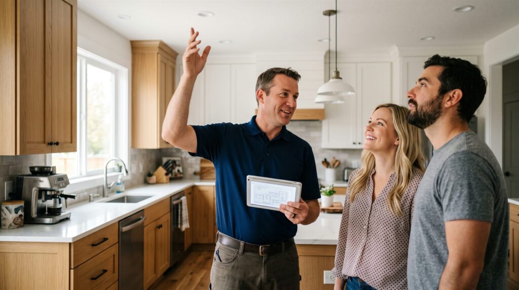 Contractor reviewing project plans with homeowners in their kitchen