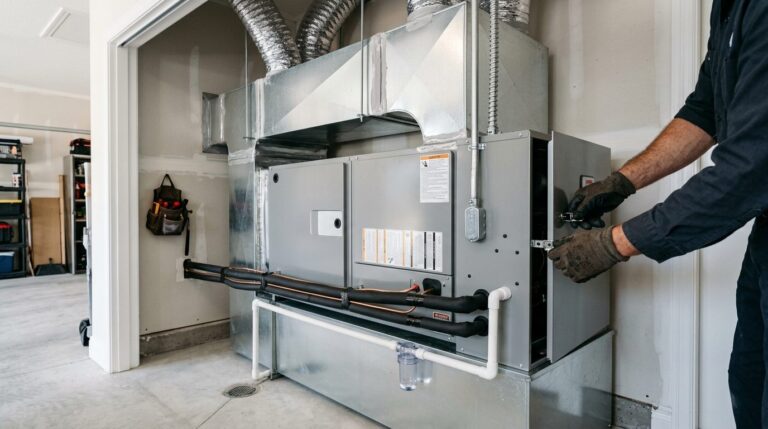 Newly installed residential furnace and air handler with tidy ductwork