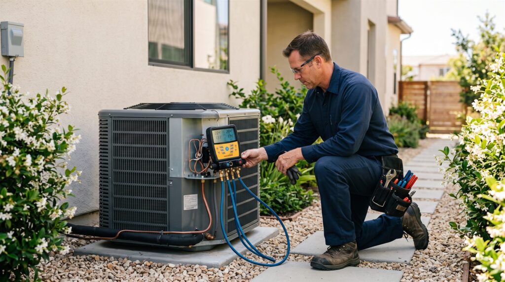 HVAC technician checking refrigerant pressure on a home air conditioning condenser