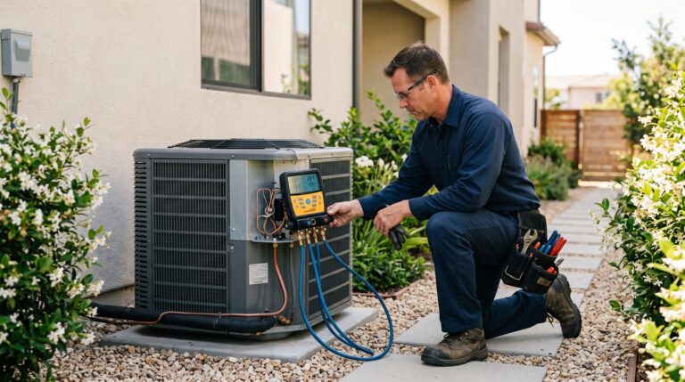 HVAC technician checking refrigerant pressure on a home air conditioning condenser