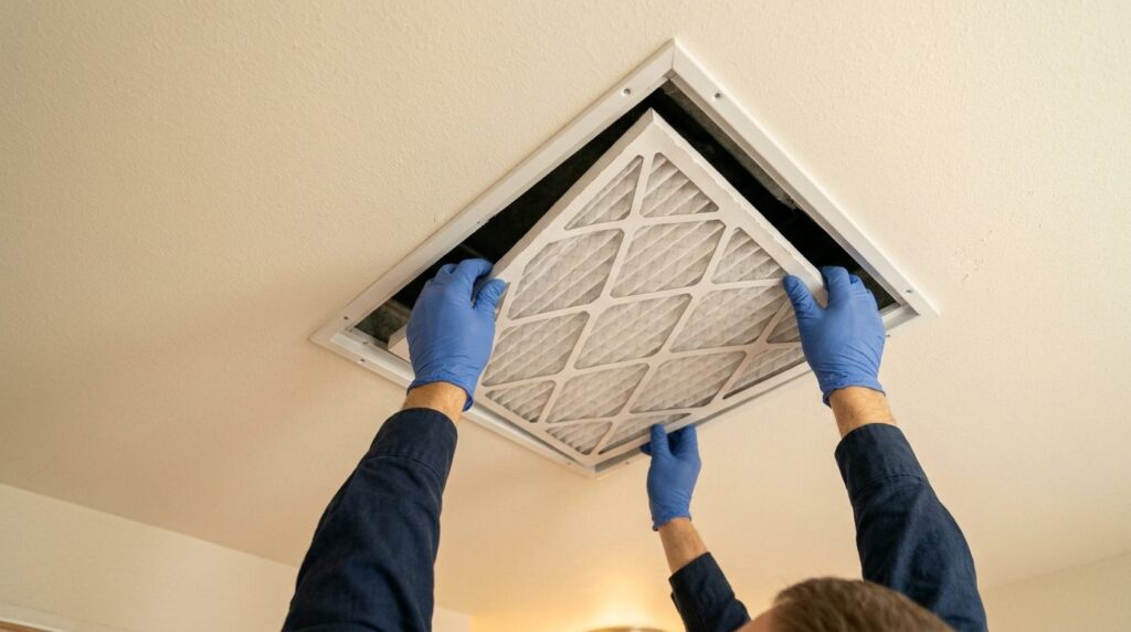 Technician installing a clean pleated air filter in a ceiling return grille