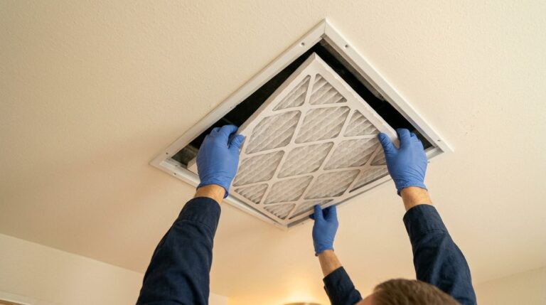 Technician installing a clean pleated air filter in a ceiling return grille