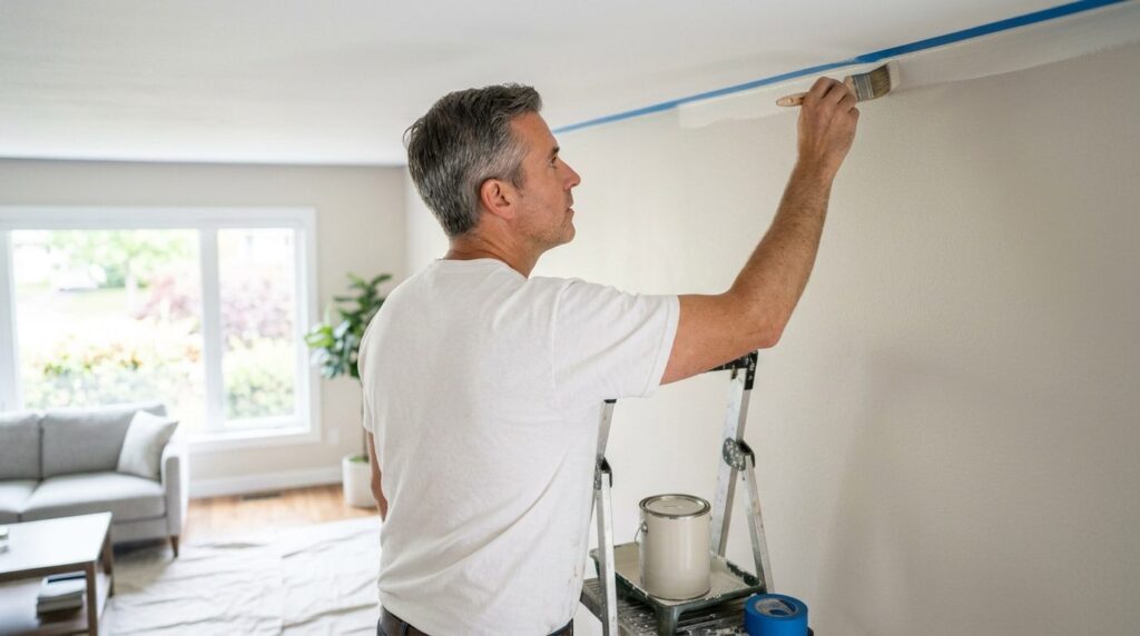 Painter cutting a clean edge along a ceiling line in a bright room