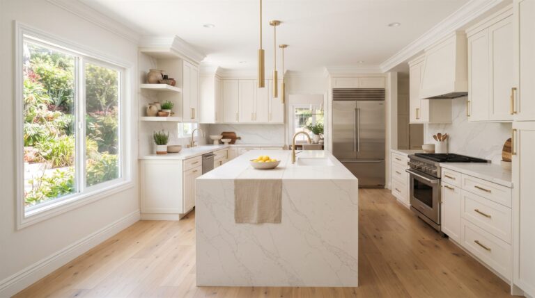 Remodeled white kitchen with quartz waterfall island and brass hardware