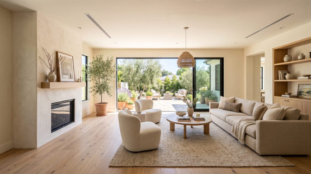Open-plan living room remodel with plaster fireplace and oak floors