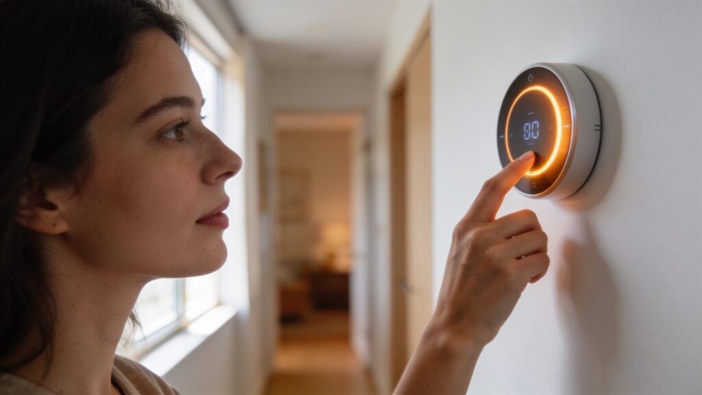 Hand adjusting a smart thermostat on a wall in a modern home